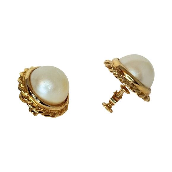 Vintage Napier Signed Pearl Button Screw Back Earrings 1" Gold Tone - Picture 5 of 9